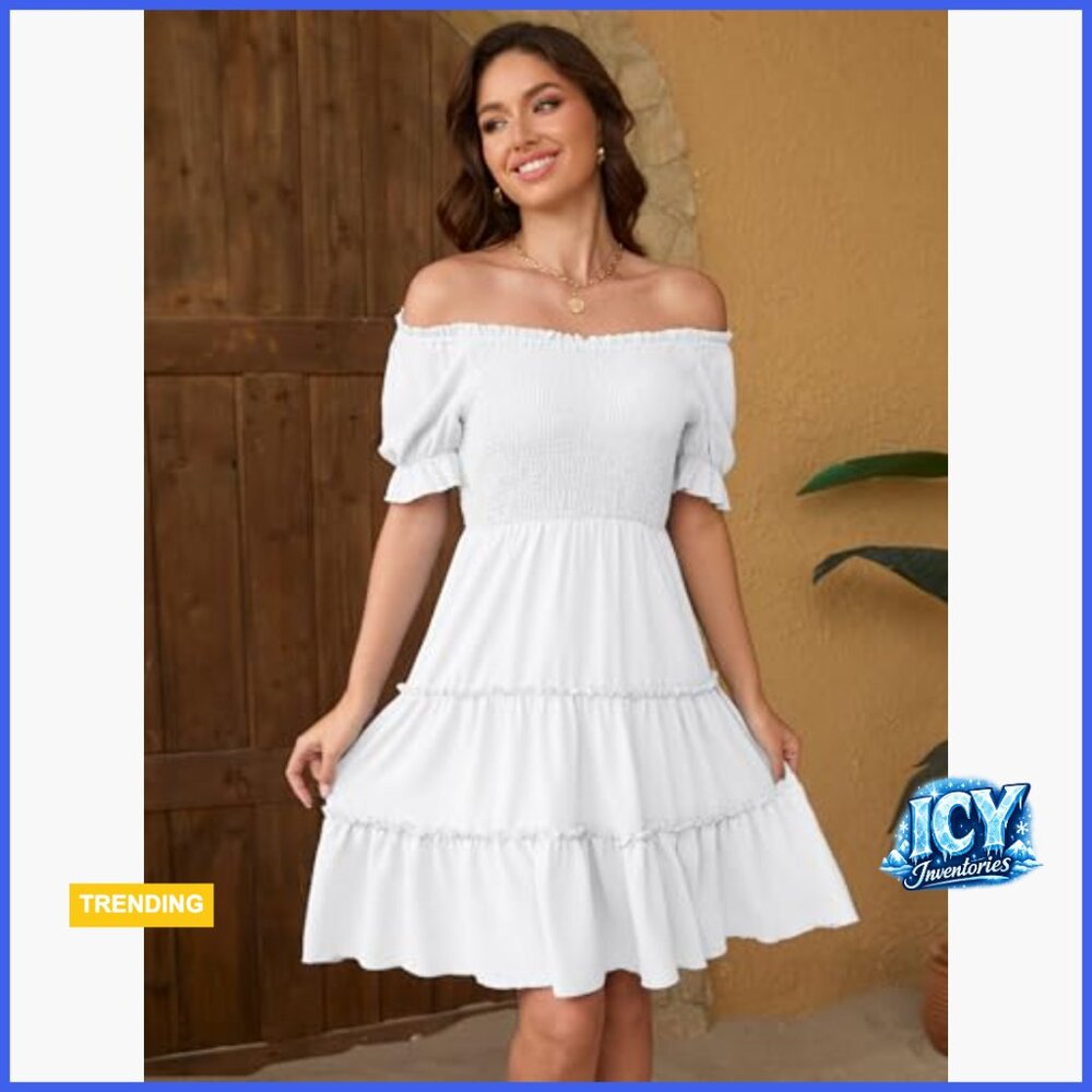 Polyester Off Shoulder Square Neck Puff Sleeve Sm… - image 3